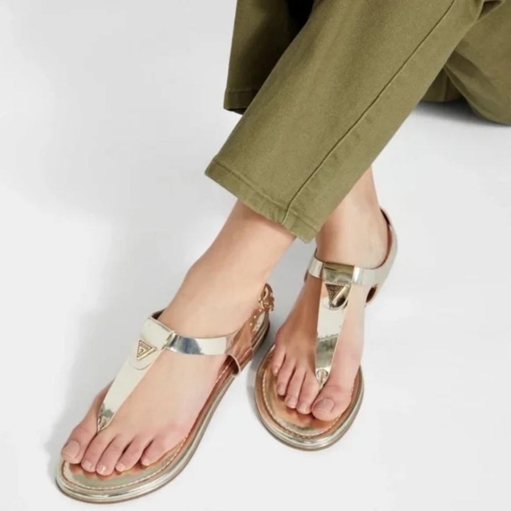 Guess Dorry's T-Strap Gold Women's Charm Logo Ankle Strap Flat Sandals Size 6 - Picture 13 of 13